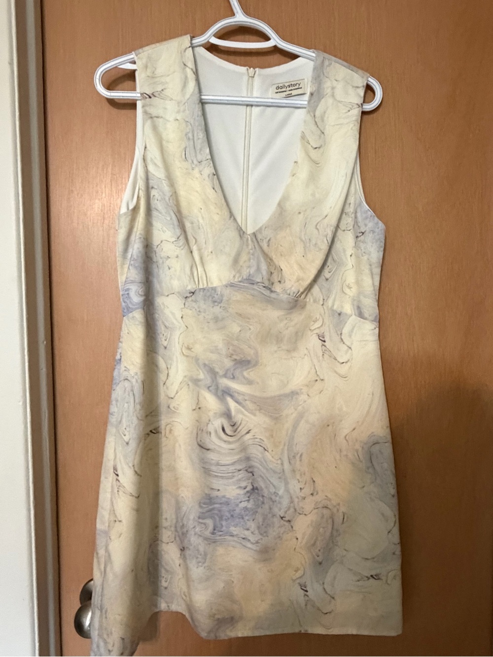 Marble-Print Cream V-Neck Mini Dress